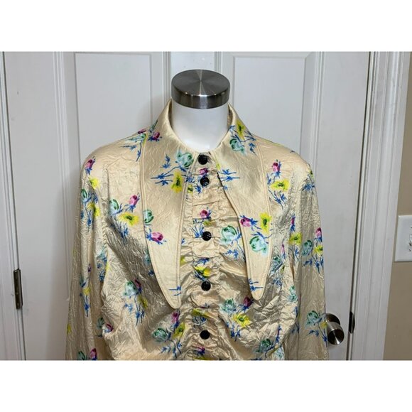 GANNI Floral Ruched Crinkled Cream Satin Long Sleeve Shirt, Size 44 | 14 - Picture 4 of 12
